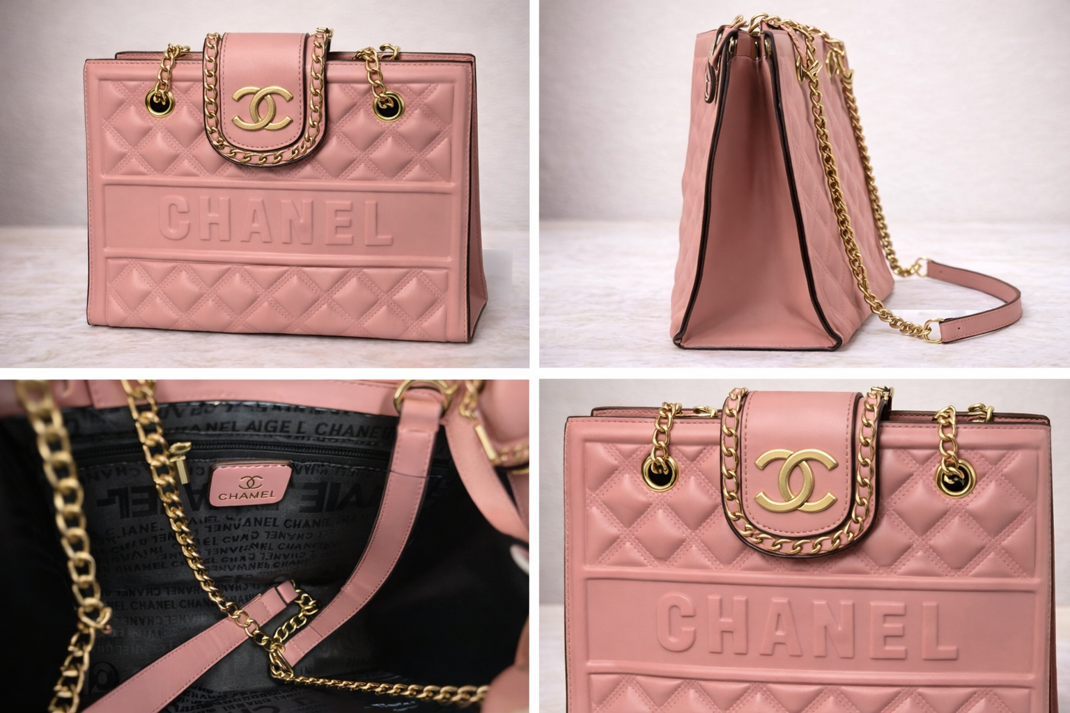 Quilted Chain Tote Bag – Blush Pink