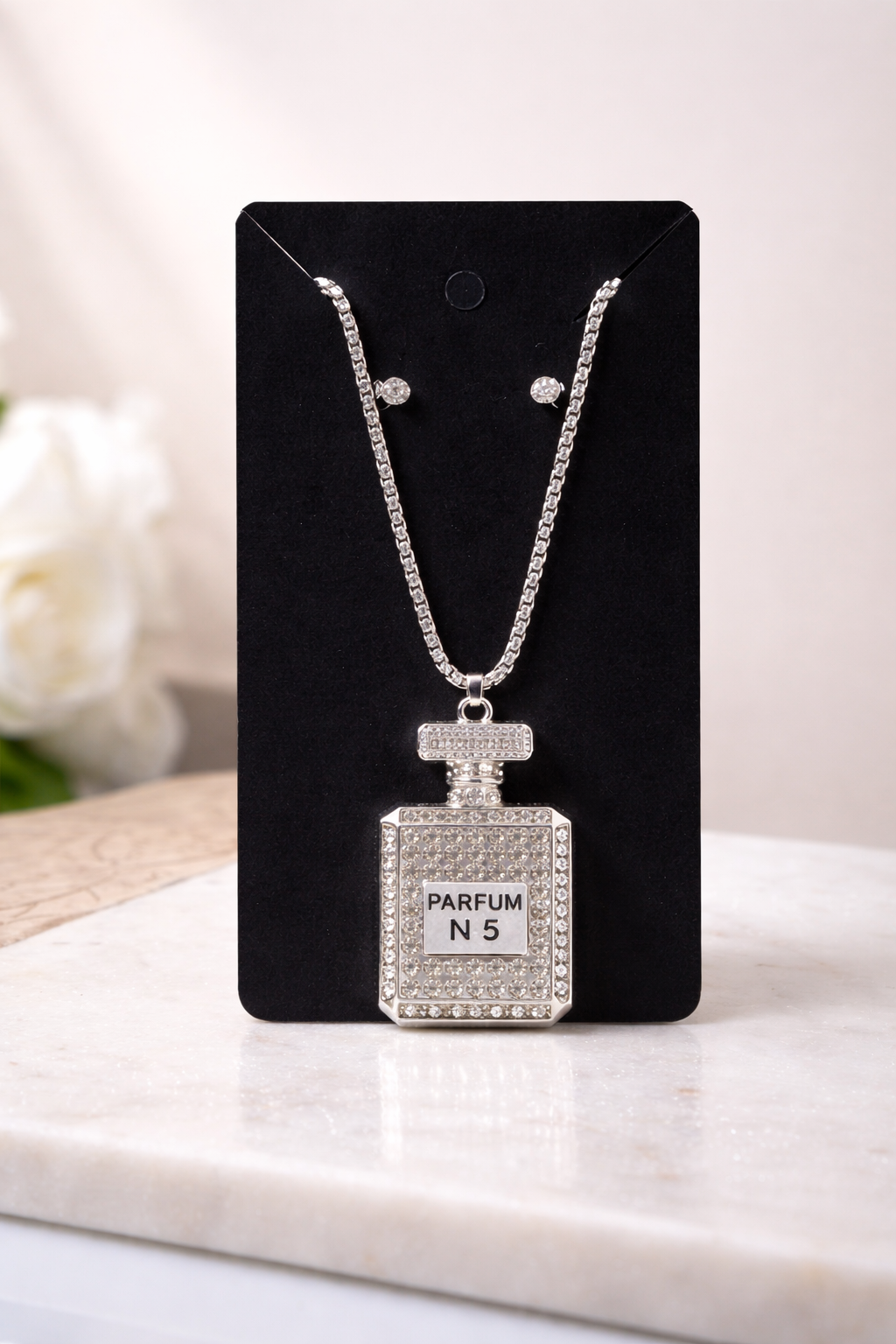 Sparkling Perfume Bottle Necklace & Stud Earring Set